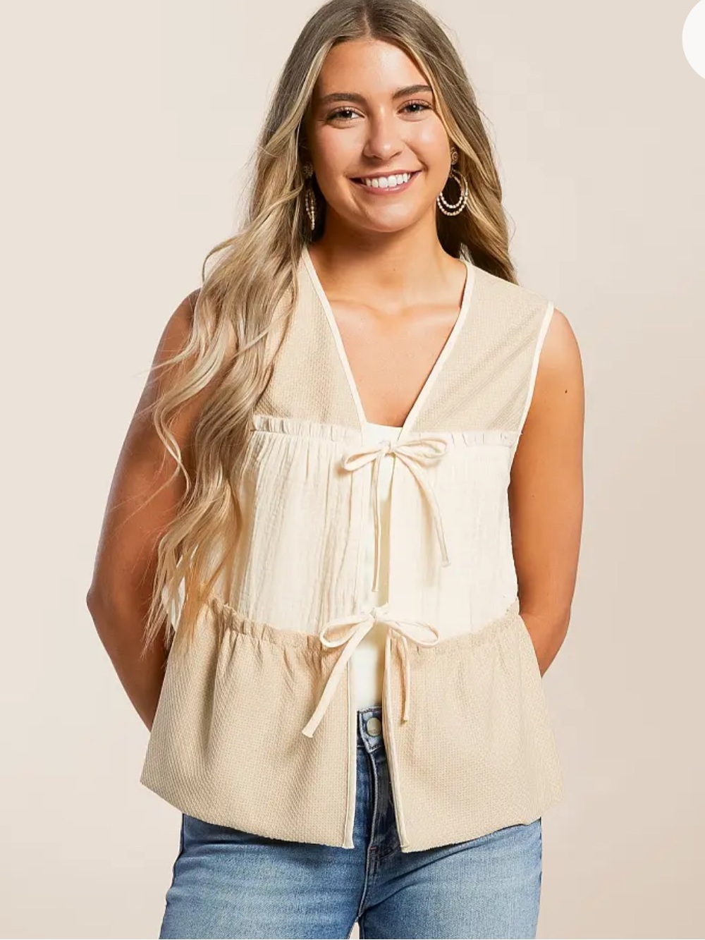Daytrip Cream & Beige Tie-Front Peplum Cami